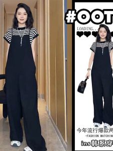 Suspenders Suit Summer New Arrival Age-Reducing Classy Stripes T-shirt Short Sleeve Tops Fashion Matching Loose Pants Two-piece Set