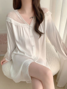 น้ําแข็งและหิมะสีบริสุทธิ์ ผ้าไหม แขนยาว ลูกไม้ นอน เดรส เซ็กซี่ คอวี ความยาวปานกลาง สไตล์บริการบ้านสําหรับเยาวชนใน ฤดูใบไม้ผลิ และ ฤดูใบไม้ร่วง