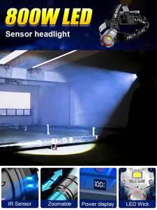 High Power 800W LED Headlamp Super Bright Head Light Zoomable Intelligent Sensing Lamp Type-C Rechargeable Outdoor Hunting Light