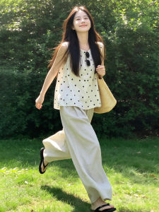LIRUSHAN | Polka Dots Sleeveless Top Leisure Pants Set
