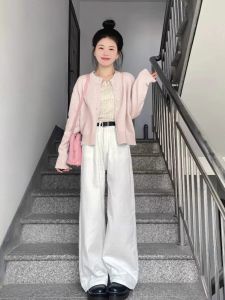 Pink Knitted Open Cardigan Womens Spring Autumn 2024 New Milk Series Art Student Small Size Cute Top Button Long Sleeve Solid Color