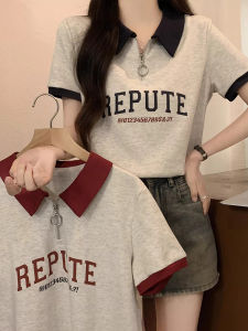 Polo Collar Shoulder Short sleeve T-shirt Women Half Zipper Summer Korean Style Loose Design Sense Niche College Wind Clothes