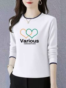 Slimming Pure Cotton Long Sleeve T-Shirt Womens Loose Fit Style Casual round Neck Patterned Bottoming Shirt Autumn Wear