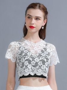 เสื้อกั๊กผ้าลูกไม้แขนสั้นสำหรับผู้หญิง เสื้อชั้นในบางๆ สไตล์ฤดูร้อน ป้องกันแสง แฟชั่น เสื้อยืด ทรงเข้ารูป