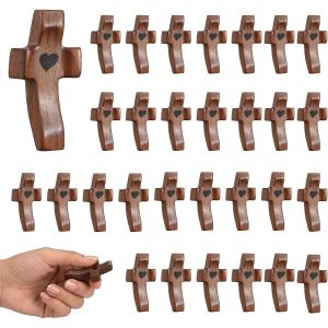 3-30PCS Pocket Cross Prayer Cross with Carved Heart Anxiety Stress Relief Wooden Holding Cross Religious Christian Easter Gifts