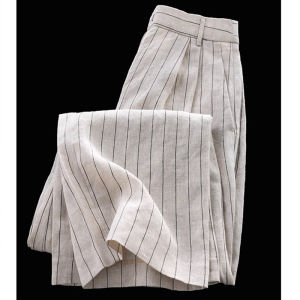 PAIBOLI | Slimming Casual Cotton Linen Vertical Striped Wide Leg Pants Women Summer New Natural Linen Long Trousers Straight Cut