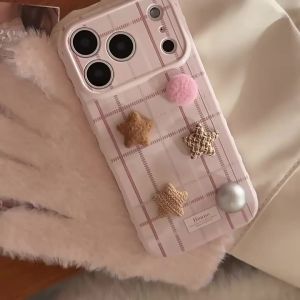 Korean 3D Woolen Plush Stars Decoration Pink Grid Pattern Phone Case For iPhone 17 16 15 14 13 12 Pro Max Shockproof Soft Cover