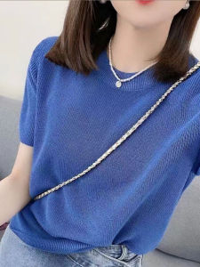 Ice Silk Short Sleeve Knitted Top Womens Loose Fit Thin Hollow out round Neck Base Shirt Summer New Style Commute Style