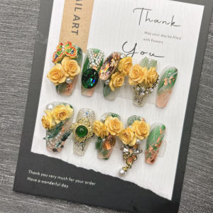 10Pcs High Quality Handmade Press on Nails Palace Retro Style Yellow Carved Emerald Pure Handmade Medium Long Style