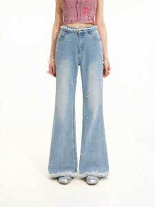 unifree | Quần Jeans Xanh Đ eo Cao Với Ren Đính Đá và Ống Rộng Dạng Chuông
