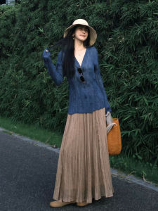 DANTING | Elegant Blue Long Sleeve Top Pleated Skirt Set 2026 Early Autumn New Slimming Sun Protection