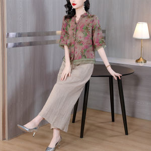 High-End Cotton Linen Half Sleeve Two-Piece Set for Mom Summer Fashionable Ensemble V-Neck Short Sleeve Nine-Piece Pants
