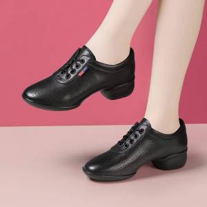 Genuine Leather Latin Dance Shoes Womens Medium Heel Training Square Dance Shoes Teacher Shoe Comfortable Fitness Sport Shoes