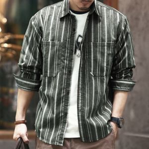 Mens Long Sleeve Shirt Vintage American Stripes Work Commute Office Breathable Polyester Loose Fit Youth Trend Autumn