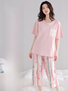 Miiow | Pure Cotton Summer Lightweight Breathable Womens Sleepwear Set With Chest Pad Casual Home Clothes Thin Short Sleeve Round Neck