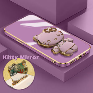 JIUMOO Casing Ponsel untuk Samsung S23 Plus 5G S23 Ultra S22 S21 S20 Ultra S21 S10 Plus S20 SE Case lucu cermin Kitty Softcase silikon pelindung lensa penuh Casing ponsel pelapis mewah HP dudukan ponsel lipat Kesing