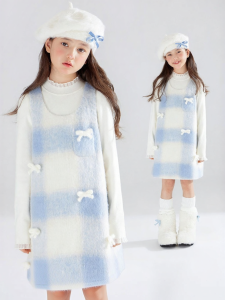 MUCMUKN | Plush Blue and White Check Woolen Girls Vest Dress