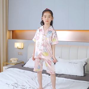 CEEKEY Childrens Spring and Summer New Boys and Girls Cartoon Ice Silk Short Sleeve Homewear Suit Lightweight Childrens Pajama Set Suit ชุดนอนเด็ก