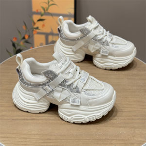 Trendy Diamond Decorated Thick Bottom Dad Shoes Womens Casual Sports Sneakers Comfortable Breathable Mesh Lined All-Match Style