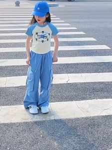 Korean Style Cargo Pants for Kids Girls Baggy Trousers Wide Leg Pants Multi-pocket Drawstring Pants Casual Street Jogging Pants 7-16yrs