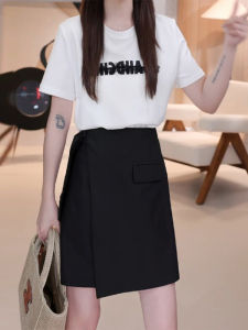 Shalldoer | Summer Outfit Womens Fashion Splicing Lace Letter Short Sleeve T-shirt High Waist Mini Skirt Two-piece Set Round Neck Top