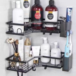 ไม่มีการเจาะสแตนเลสสามเหลี่ยมชั้นวางสองชั้นสําหรับระเบียงห้องน้ําห้องครัวมุมเก็บประหยัดพื้นที่การออกแบบที่ทนทาน