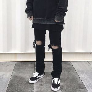 Fog Street Knee Breaking Jeans Mens Trendy Retro Side Zipper Slim Fit Denim Pants Mid Waist for All Seasons