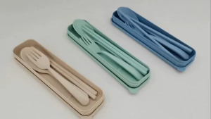 3pcs Portable Eco-friendly Wheat Straw Tableware Spoon Fork Chopstick Cutlery Set with Box