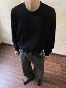 Cleanfit เสื้อฮู้ดคอกลมแขนยาวสีดำสไตล์อเมริกันสำหรับผู้ชาย เสื้อเชิ้ตชั้นในฤดูใบไม้ร่วง ทรงหลวม ผ้าฝ้ายผสมโพลีเอสเตอร์