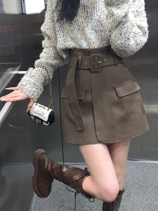 Váy Ngắn Chữ a PU Da Mùa Thu Đông Cạp Cao Cho Nữ Có Lớp Lót Bên Trong Túi Quần Áo Làm Việc Váy Ngắn