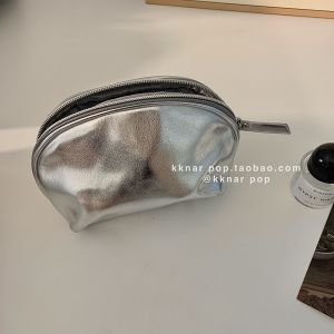 Silver Cosmetic Bag Portable Travel Ins Simple Style High-End Sensation Womens Wash Bag Waterproof Storage Pouch for Skincare