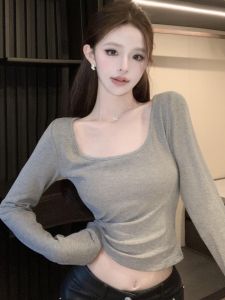 GUZILIAN | Slim Fit Long Sleeve Square Collar T-Shirt Womens Short Style Base Layer Shirt Top For Autumn Winter Fashion Casual Wear