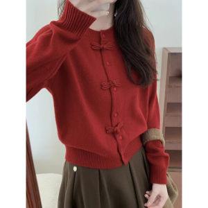 French and Chinese Style Long Sleeve Knit Sweater with Pankou