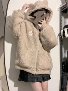 Cute Little Lamb Fur Cotton Jacket Versatile Loose Womens Winter Coat Warm Thickened Zipper Closure Hooded Solid Color