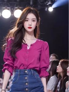 Womens Shirt V-neck Midi Sleeve Chiffon Light Maturity Pink Purple Summer New Design Commute Style Korean Version Button Detail