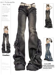 Quần Jeans Ống Rộng Cạp Lửng Kiểu Dáng Rộng Rãi Phong Cách Retro Mỹ Cho Nữ Quần Dài Dài Đến Sàn Có Chi Tiết Rộng Rãi