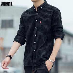 YAZHINIAO เสื้อเชิ้ตชาย-เสื้อเชิ้ตแขนยาวผู้ชาย ลายทาง เสื้อเชิ้ตลำลองผู้ชาย สไตล์ธุรกิจ ทรงสลิมฟิต มีกระเป๋าเดียว เสื้อเชิ้ตแบบไม่ต้องรีด