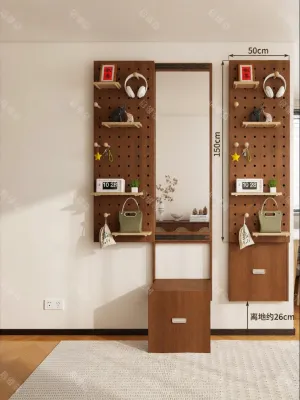 BEIQIVI | Retro Style Perforated Panel Coat Rack Full Length Mirror Shoe Bench