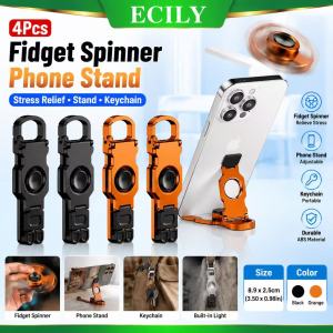 【ECILY🔥4pcs】3 In 1 Fidget Spinner Phone Stand Keychain ABS Plastic Foldable Portable Stress Relief Toy Black Orange 8.9x2.5cm
