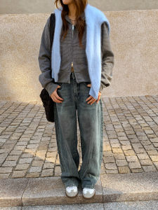 Washed Denim Jeans Women Loose Straight Wide Leg Pants Casual Long Trousers Deconstructed American Retro Style Cotton Fabric