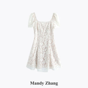 French Heavy Lace Puff Sleeves Dress