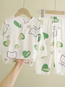 ฤดูร้อน เด็ก ชุดนอน แขนยาว ผ้าฝ้าย ผ้าไหม ชุดอยู่บ้านแบบบางสําหรับเด็กชายและเด็กหญิง เด็กทารก เครื่องปรับอากาศ ชุดสูท