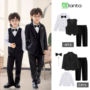 LOlanta 4Pcs/6Pcs Boys Sequins Formal Suits Kids Tuxedo Blazer Jacket Pants Vest Bowtie Set Children Wedding Party Costume Clothing Black 2-15Years