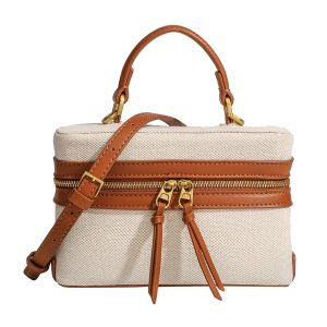 Womens Retro Canvas Spliced Lunch Box Commuter Portable Shoulder Crossbody Small Square Bag Adjustable Shoulder Strap