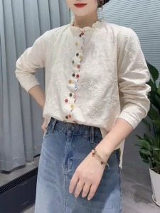 QINGNAER | Retro Embroidered Floral Ears Womens Shirt Large Size
