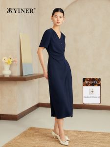 Overlap Collar Acetate Blend S-Shaped Waist Dress