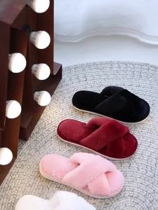 Cross Warm Fluffy Furry Slippers Women Lightweight Flat Heels Fur Slides Woman Autumn Winter Open Toe Non Slip Home Floor Shoes