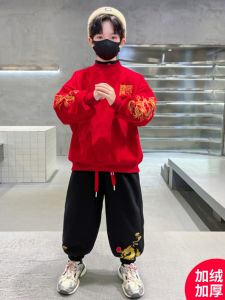 Thickened Fleece Spring Summer Autumn Winter Childrens Sweatshirt Set for Boys Red New Years Clothes Casual Cotton Blend Fabric