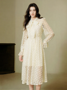 BADINA | Beige Bow Lace Lantern Sleeve Elegant Long Dress