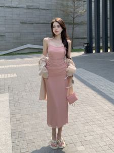 VKSOD | Sweet Pink Lace Halter Dress Womens Summer 2025 Sun Protection Two-Piece Set Long Sleeve Round Neck Other 100% Material